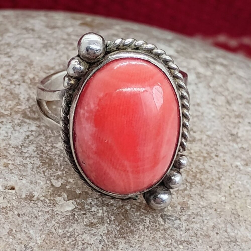 Vtg Navajo Sterling Silver Agatized Coral Ring Size 6.25 Ball Braided Setting